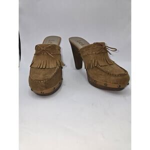 Vintage Y2K 90s L.E.I. Studded Chunky Platform Clog Heels Brown Faux Suede Sz 10